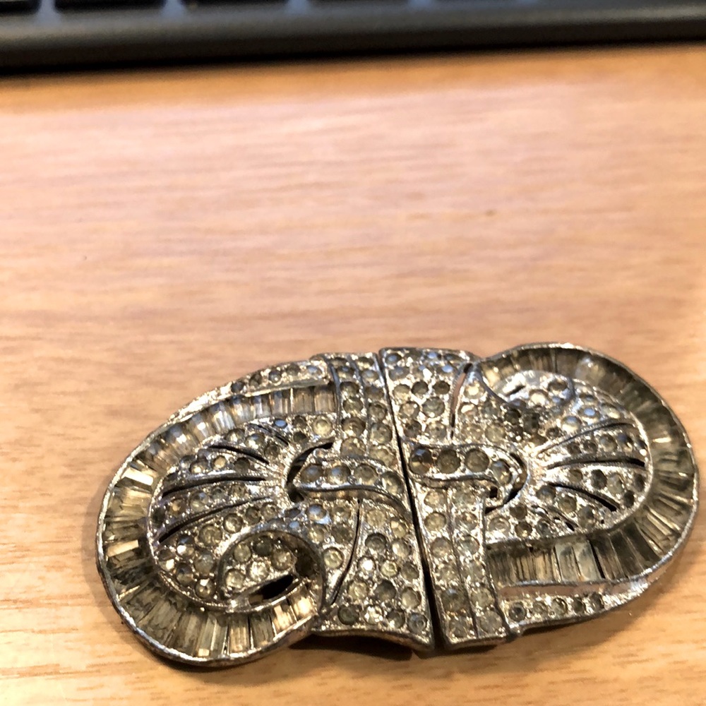 Vintage Brooch, silvertone one/ two pieces. Stones on front, Brooch/pin in place